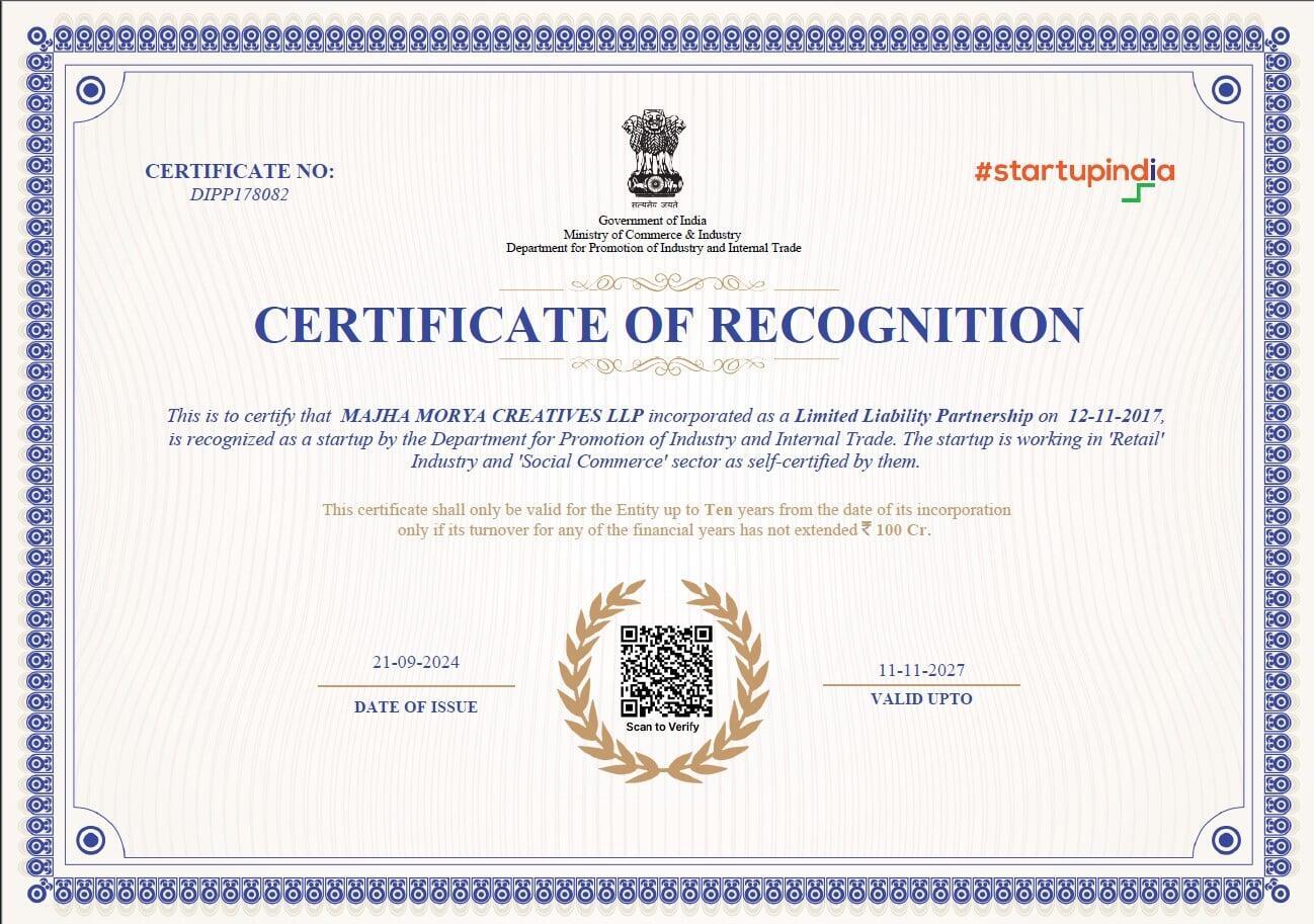 "DPITT recognition from the Government of India – The first and only startup in the Ganesh idols industry, transforming the shopping experience with digitalized operations and seamless customer support."